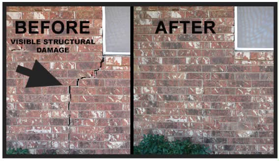 Brick foundation wall structural crack repaired and tuckpointed — before and after