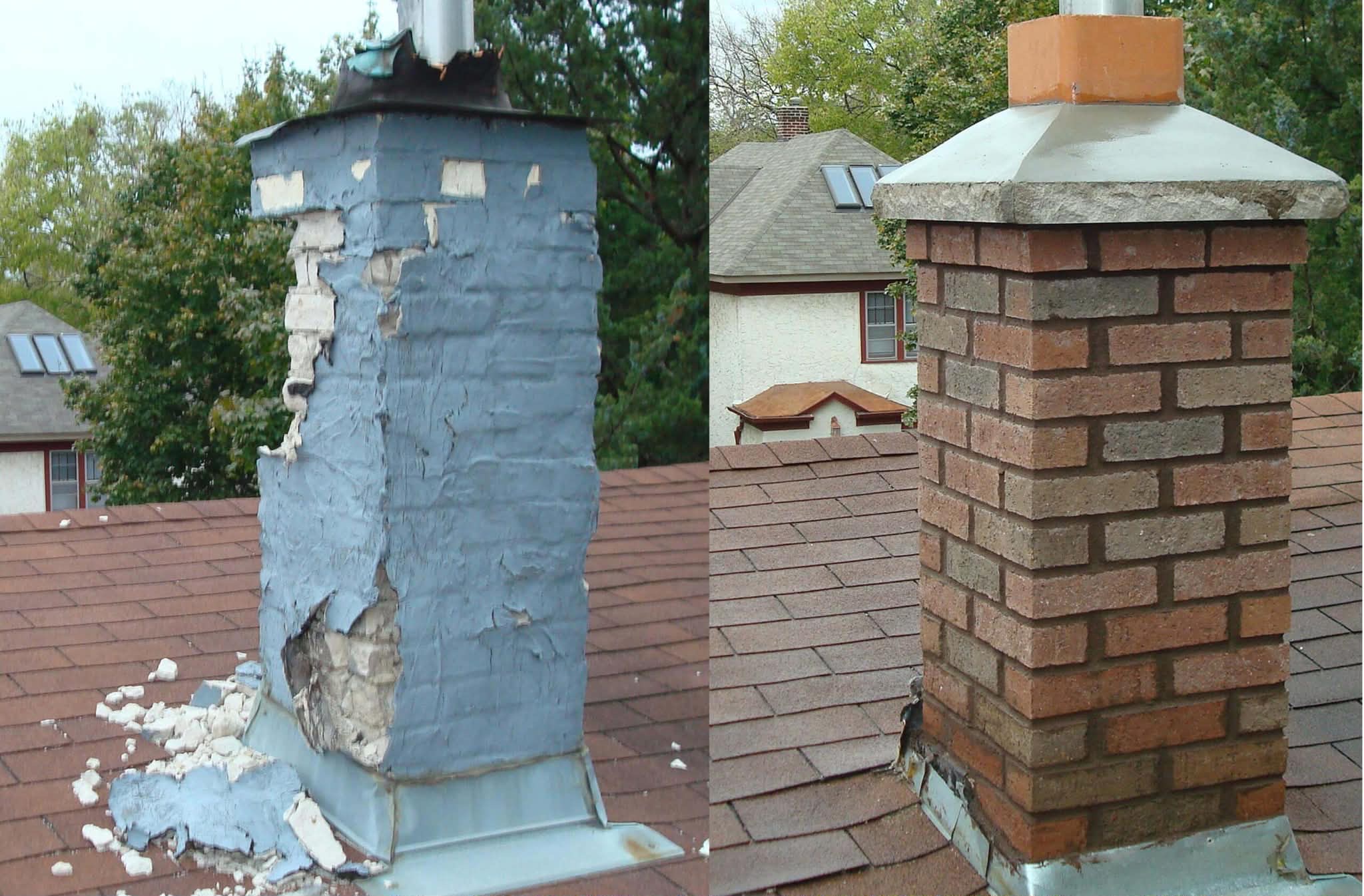 Chimney restoration before and after — crumbling brick fully rebuilt and sealed