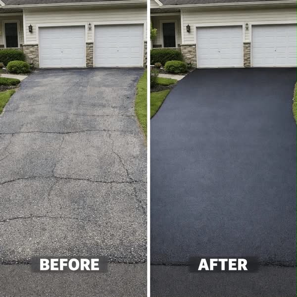 Driveway repair before and after — cracked surface replaced with smooth new asphalt
