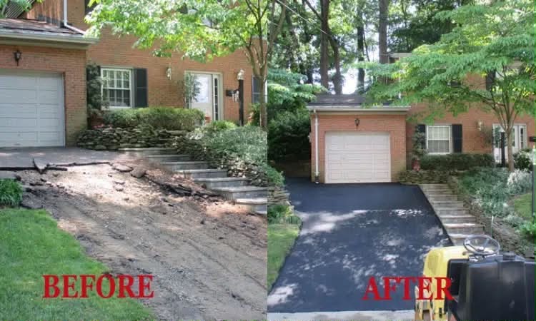 Before and after full driveway excavation — damaged surface removed and replaced with new asphalt