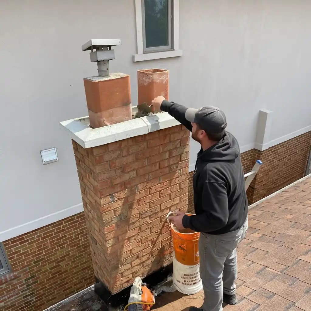 Worker performing chimney tuckpointing and crown repair on residential chimney in Chicagoland